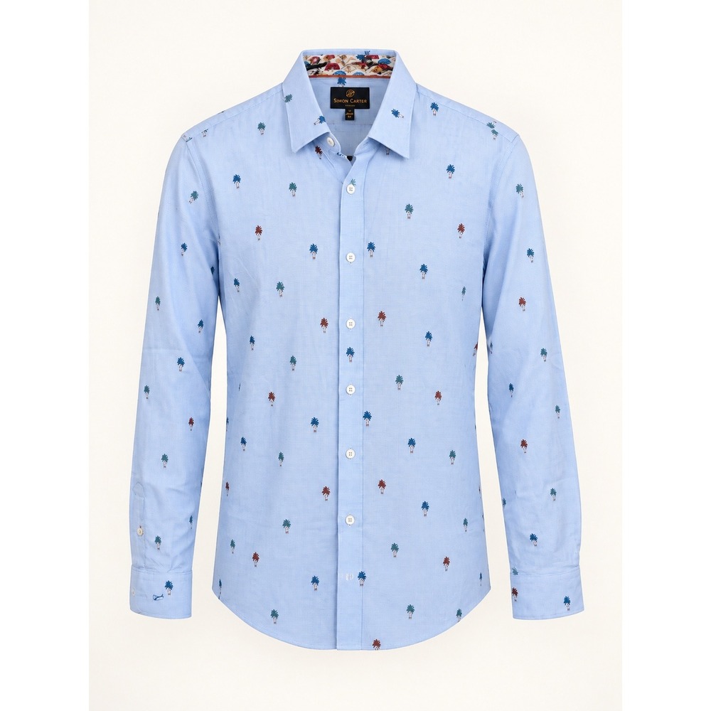 Simon Carter London Men's 40 Modern Fit Blue Palm Tree Print Button Shirt